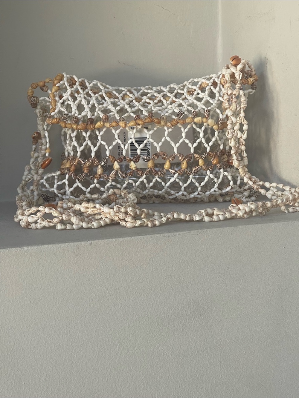 White Crochet Crossbody Bag with Natural Shell Accents